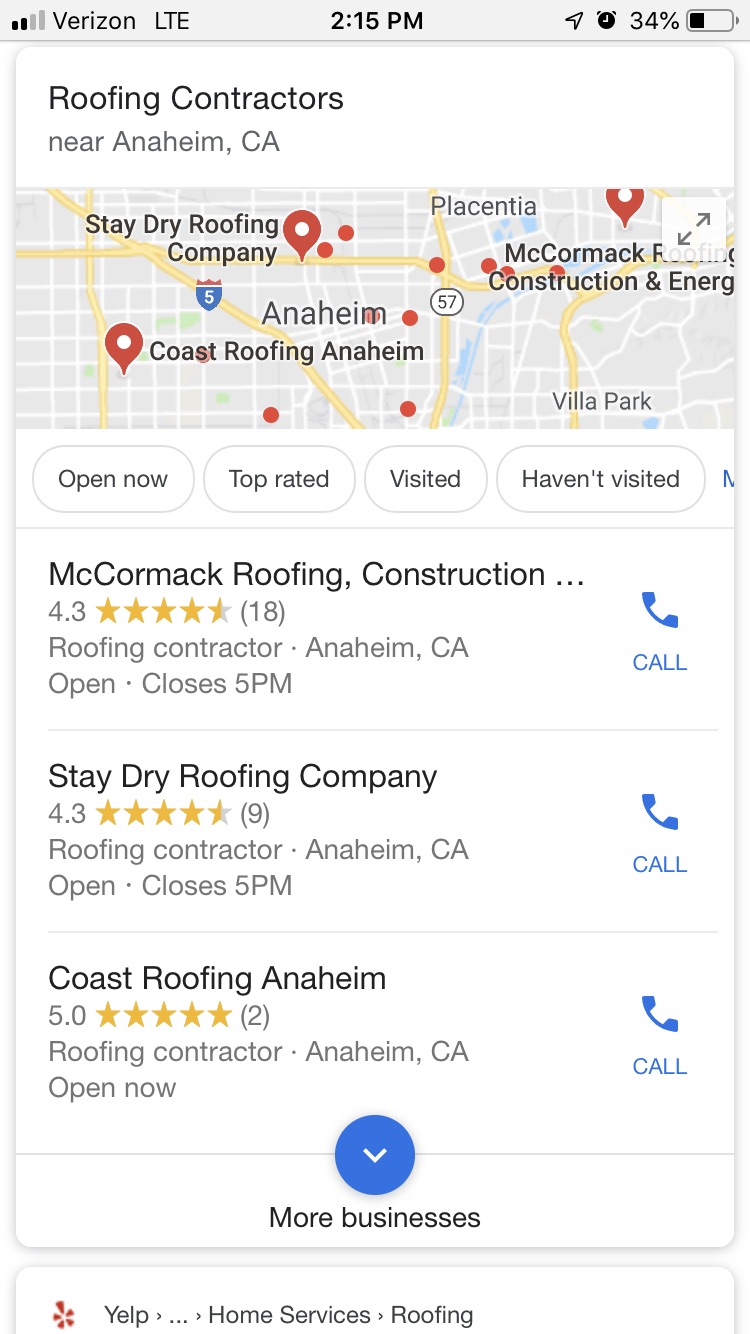 Google Local Search Results On Mobile SERP For Anaheim CA Roofers